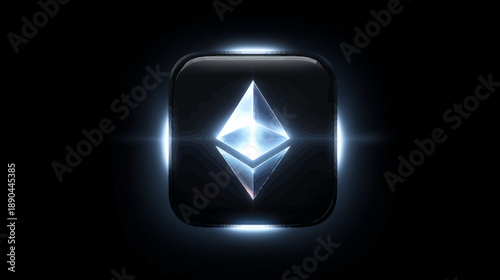 Futuristic glowing faceted crystal symbol representing digital currency, blockchain technology, and decentralized finance concept