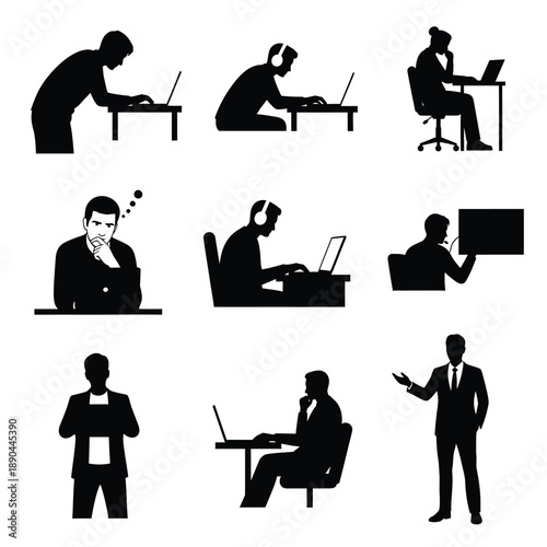 Silhouetted figures working on laptops in various office settings and poses