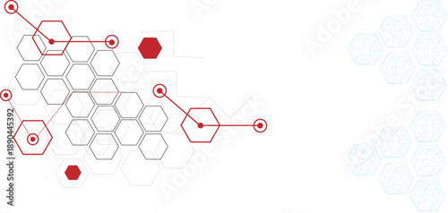 Abstract background with red hexagons and molecular structure pattern for science and technology concepts