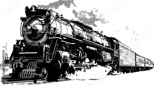 Powerful vintage steam train illustration in classic engraving style, with locomotive pulling passenger cars and smoke