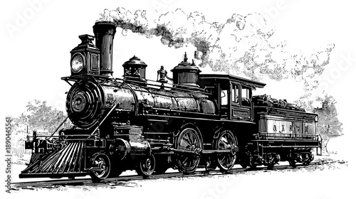 Vintage Steam Train Locomotive Illustration with Smoke, Classic Old-fashioned Railroad Engine, Retro Engraving Style Transport