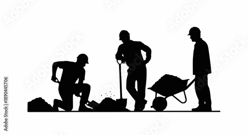 Construction workers silhouette performing manual labor on a white background.