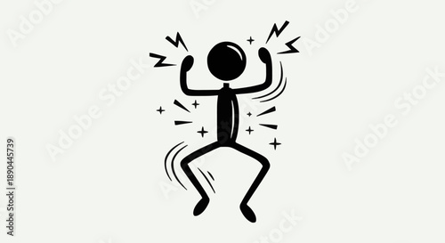 Energetic stick figure dancing with lightning bolts and stars.