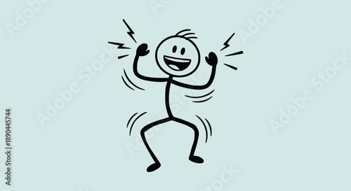 Excited stick figure man jumping with joy and energy.
