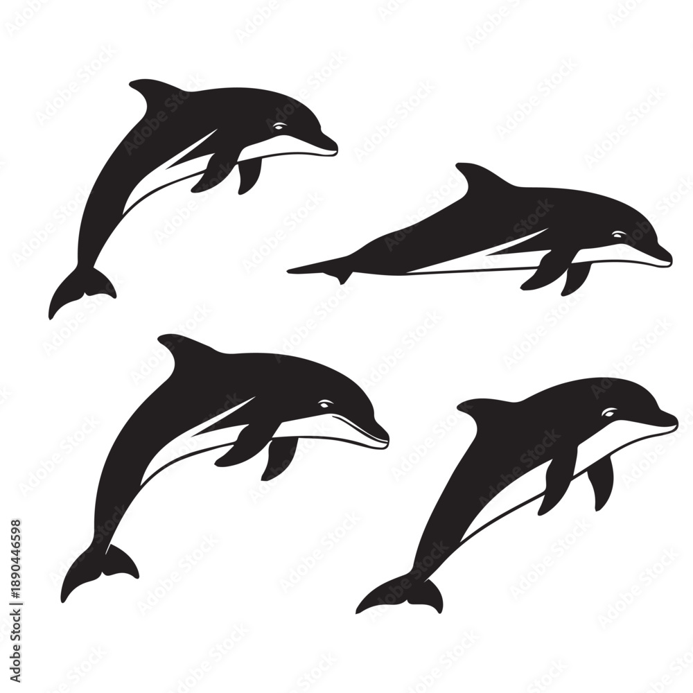 Fototapeta premium Dolphin Vector Silhouette Black and WhiteMinimal Dolphin Illustration Set VectorAbstract Dolphin Shape Black White Vector