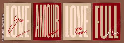 Set of 4 minimalist Valentine's Day greeting cards with romantic typography design. Modern aesthetic design in red and beige colors with quotes. ideal for social media posts, cover art and more