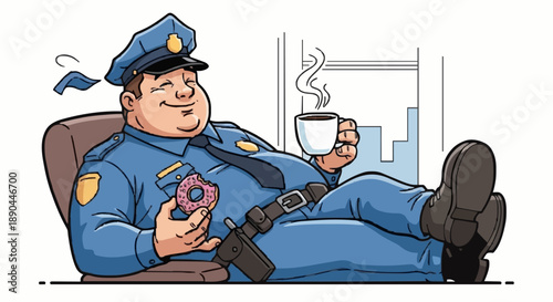 Fat Police Officer Relaxing with Coffee and Donut.