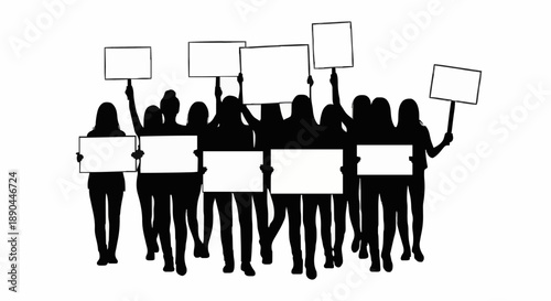 Group of people holding blank signs in protest demonstration.