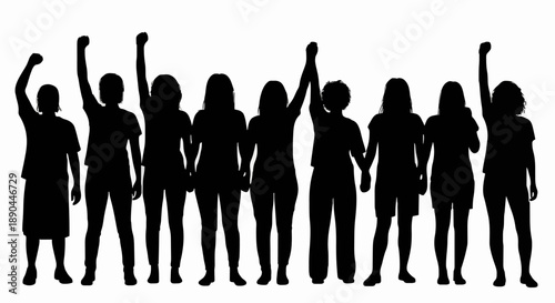 Group of diverse women raising fists in solidarity.