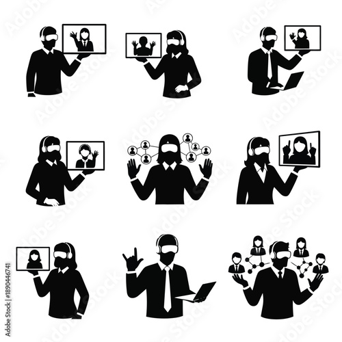 Business professionals using technology for online communication and collaboration in a modern work environment from various viewpoints