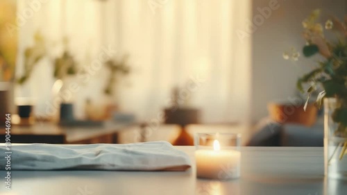 Wallpaper Mural Burning candle in a glass holder placing on a clean tabletop with a linen cloth and foliage in a vase, creating a serene and inviting backdrop illuminated by soft natural light Torontodigital.ca
