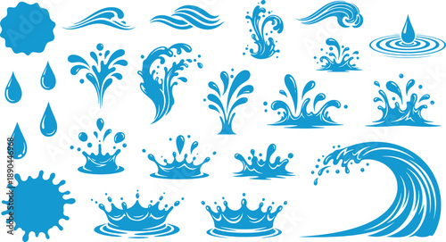 A seamless set of blue water drops and wave symbols featuring floral nature patterns and tribal tattoo art elements for ocean-inspired vector illustration designs
