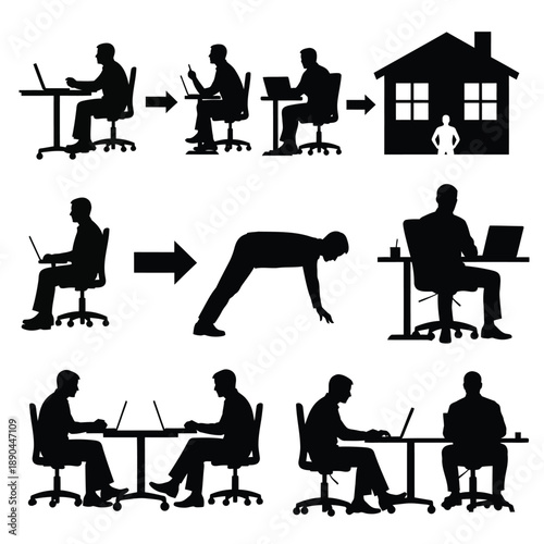 People working on laptops at desks in various postures at home and office