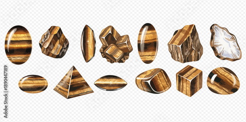 Set of various tiger's eye gemstones and crystals, natural brown and golden minerals, isolated on transparent background.