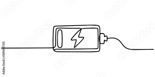 Continuous one line art drawing of battery with bolt sign design vector illustration, Continuous one line drawing of battery charging vector illustration. one line Icon drawing with white background