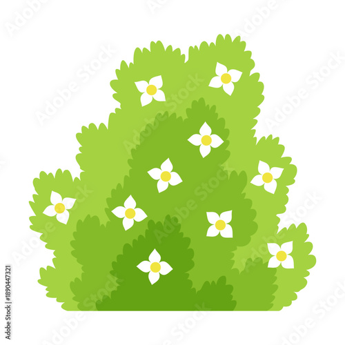 Bush with flowers icon. Cartoon forest and park shrubbery with floral elements. Landscape scene create element. Vector cartoon illustration