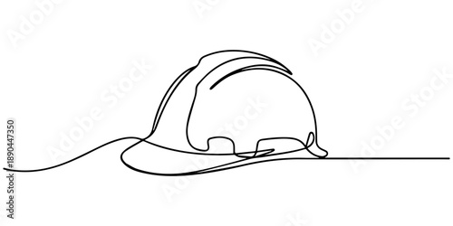 Minimalist continuous line drawing of a construction safety hard hat, isolated on continuous one line art of vector illustration, Hard Hat continuous one line drawing, Continuous one line drawing