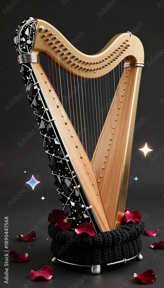 Obraz premium Elegant Harp with Rose Petals Against a Dark Background Creating a Romantic Atmosphere