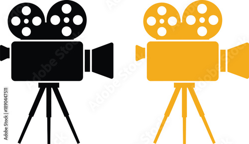 Vintage Film Camera Icon Set in Black and Yellow Color, Movie Video Production Silhouette Illustration Isolated on White Background
