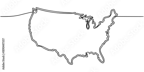 United States map one line drawing, minimalist vector illustration, editable stroke design element, USA map one continuous line drawing. Country single line contour map, shape of country. Silhouette