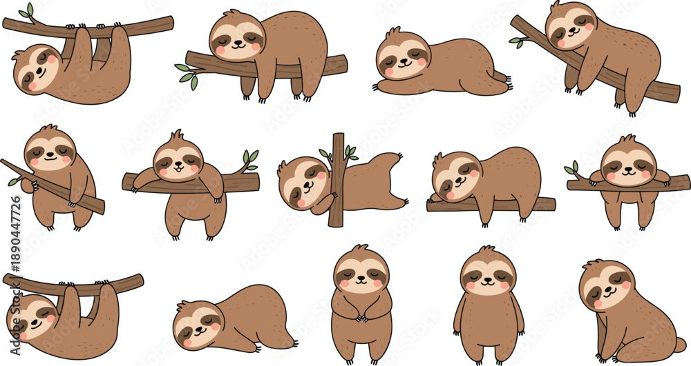 Fototapeta premium sloth cartoon vector set. Adorable sloths sleeping, hanging, and relaxing on tree branches. Kawaii jungle animal illustration collection, isolated on white background.