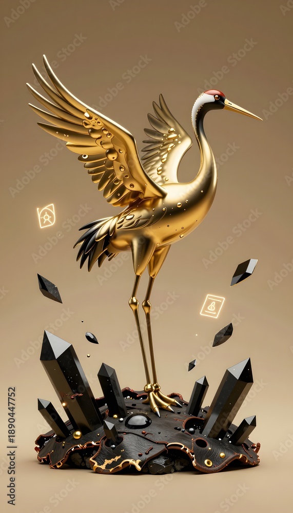 Fototapeta premium Elegantly Designed Golden Crane Statue with Spreading Wings and Crystal Base on Light Background