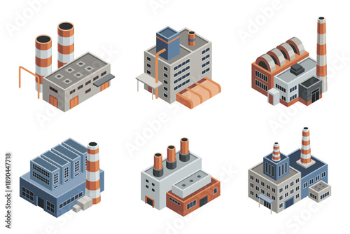 Factory isometric. Architecture of manufactures houses. Industrial buldings. 3d isolated icons. Concept of industrial working plants with chimney pipe tower