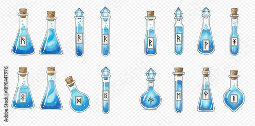 Set of magic potions, elixirs, and liquid poison in various glass bottles and flasks with runes, isolated on transparent background.