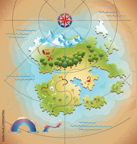 Old treasure or pirate map. Vintage grunge adventure, treasure research game. Worn parchment with land and wind rose. Hand drawn vector illustration