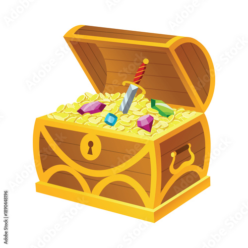 Treasure gold coins. Chest full of shiny royal gold and gemstones. Gold treasure, shiny savings, golden coins isolated on white background. Vector cartoon icon