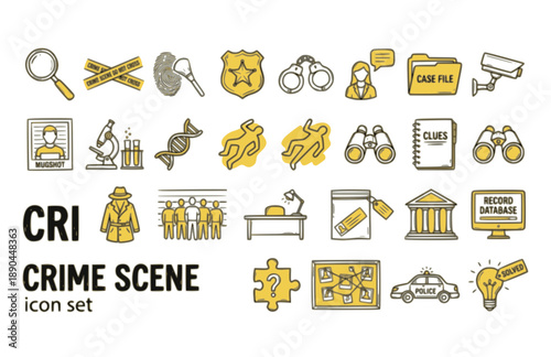 Crime Investigation Detective Police Evidence Forensic Mystery Case Vector Icon Set - Criminal Justice Security Law
