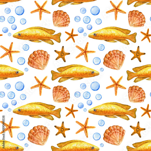 Underwater world, yellow fish, shell, starfish, watercolor seamless pattern. Nautical style. Hand-drawn illustration.