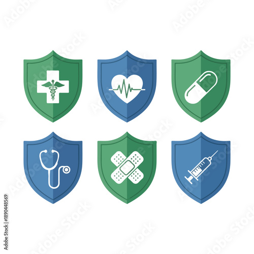 Medical Shield Icons Set with Health Symbols
