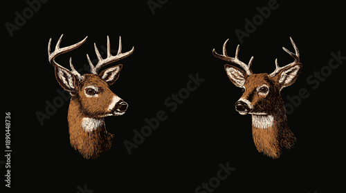 Vintage Style Illustration of Two Majestic Buck Deer Heads with Antlers, Facing Opposite Directions on a Black Background