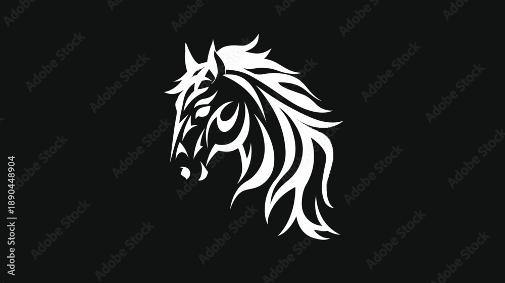 Fototapeta premium Stylized Tribal White Horse Head Graphic Design on Black Background - Majestic Animal Emblem