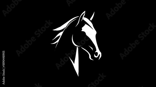 Stylized white horse head with a graceful flowing mane in silhouette against a solid black background, elegant and strong