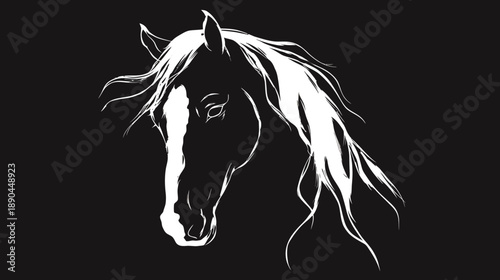 Elegant black and white horse head illustration. Stylized majestic equine animal portrait with flowing mane on dark background.