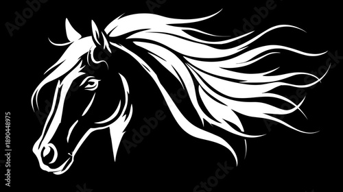 Dynamic White Horse Head Silhouette with Flowing Mane on Black Background - Equestrian Graphic Design Element