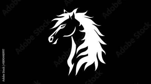Elegant White Horse Head Silhouette on Black Background. Majestic Equine Animal Symbol Graphic Design Element.