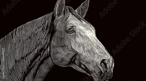 Majestic horse head scratchboard illustration on black background, artistic equine portrait with detailed linework and texture