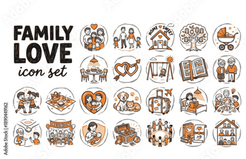 Family Love Home Parents Children Together Bond Generations Care Vector Icon Set - Togetherness Unity Support