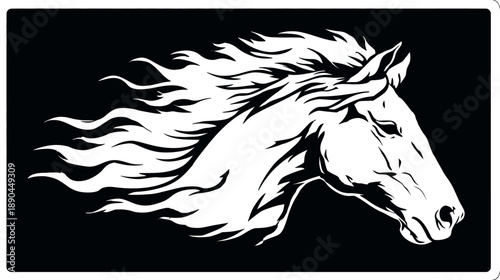 Dynamic white horse head illustration with flowing mane on black background. Majestic equine design symbolizing power and freedom.