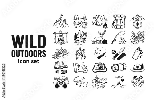 Outdoor Adventure Hiking Camping Nature Mountain Trail Explore Wild Vector Icon Set - Wilderness Forest Backpack