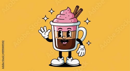 Cute cartoon hot chocolate character with pink whipped cream