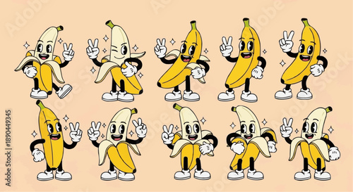 Set of 10 dancing banana cartoon characters vector