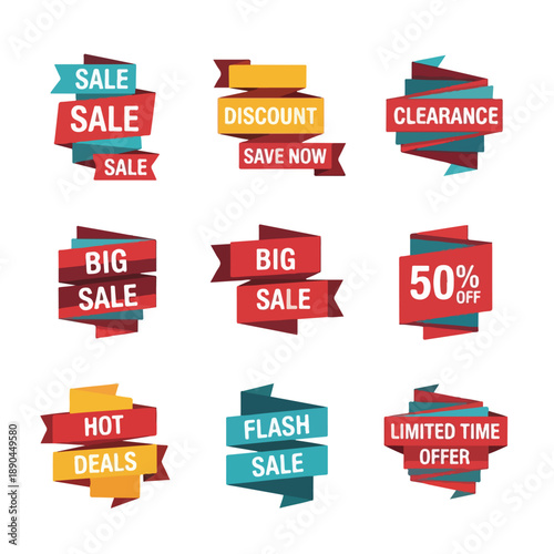 Discount and Sale Banners with Ribbon Labels