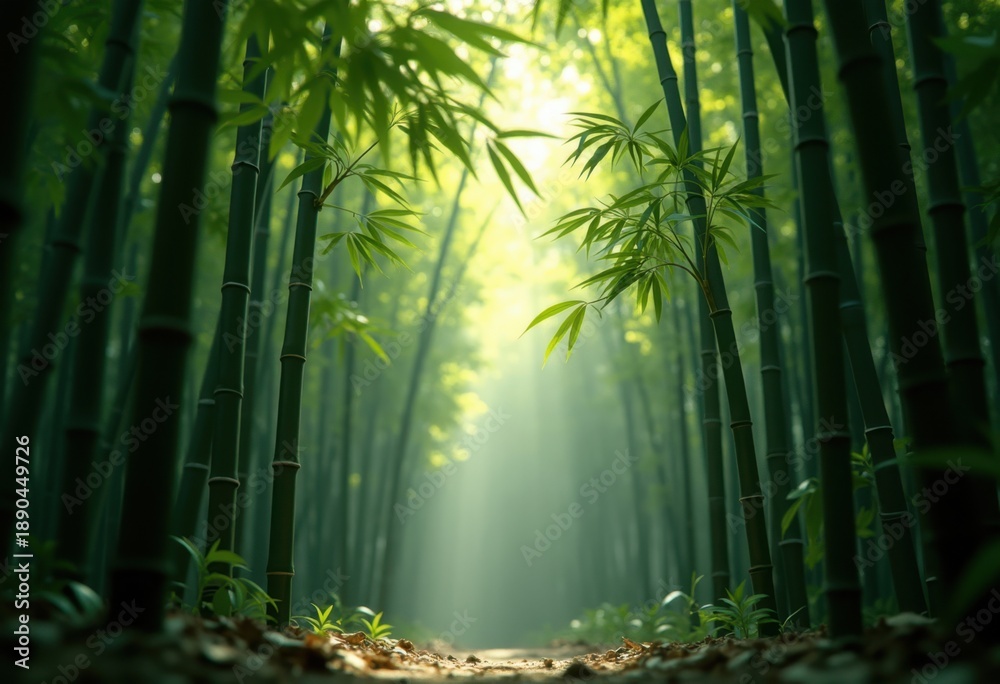 Fototapeta premium Dense Bamboo Grove Sunlit Green Stalks Ethereal Fauna Shadows Motion Captivating Atmosphere