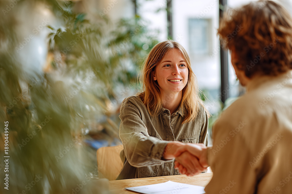 Fototapeta premium Smiling young woman shaking hands with interviewer in a bright office setting — successful job interview, agreement and professional connection