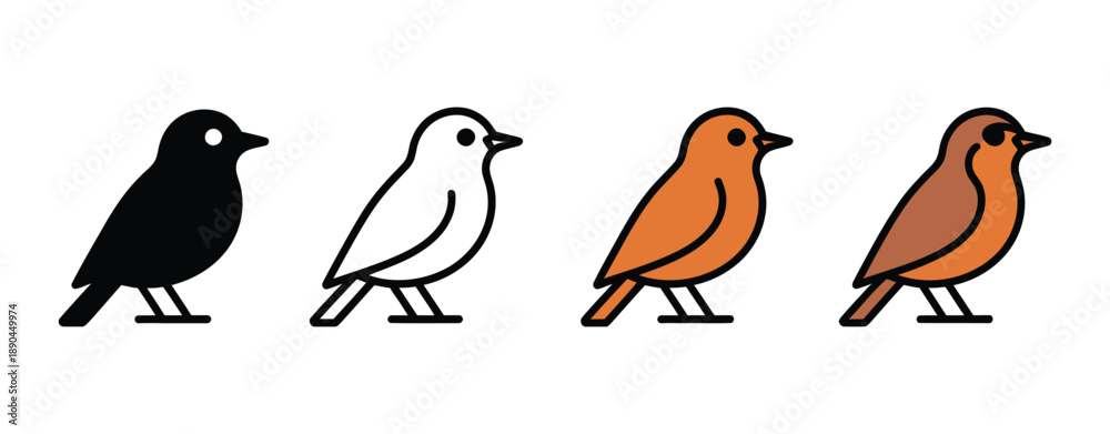 Obraz premium nightingale bird icon, consistent pose and proportions in black solid, glyph, outline minimal, flat multicolor filled, and cartoon styles,