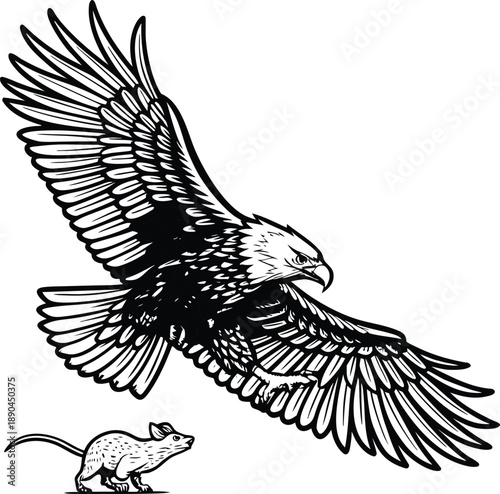 Eagle Pursues Its Prey: A majestic eagle, a symbol of freedom and power, dives from the sky to pursue its prey in a dynamic illustration, capturing the essence of the wild